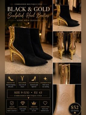 Unbranded Black & Gold Sculpted Heel Booties